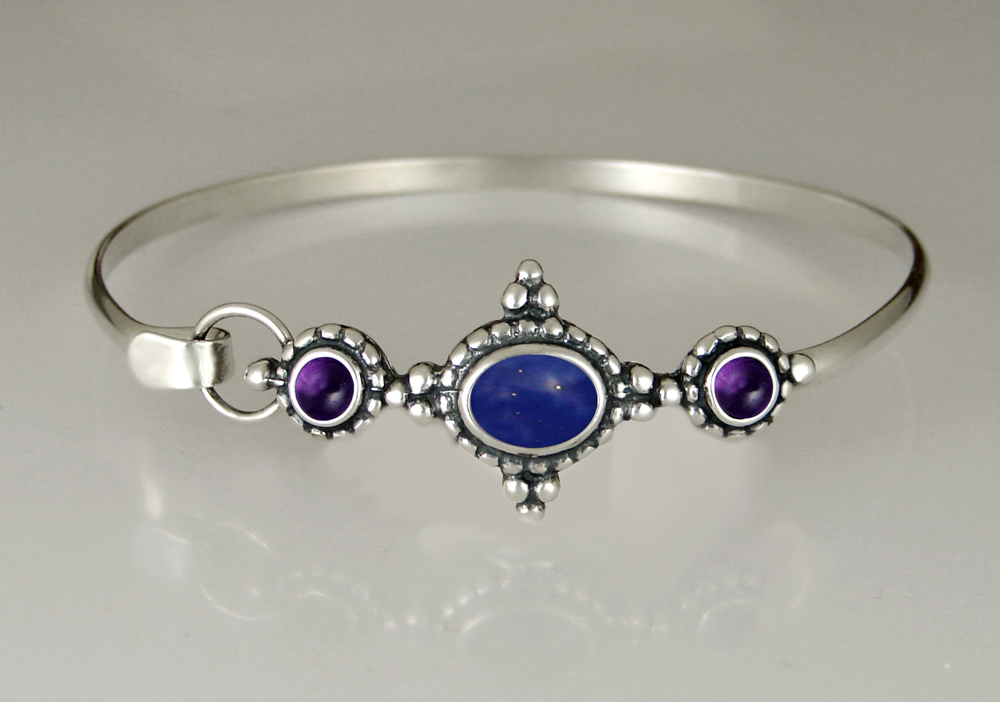 Sterling Silver Strap Latch Spring Hook Bangle Bracelet With Lapis Lazuli And Amethyst
